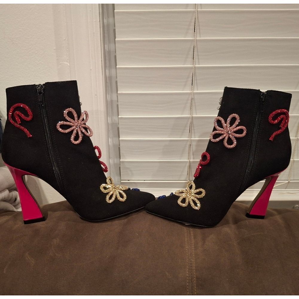 Betsey Johnson Black Ankle Boots with Multicolor Embellishments - Picture 9 of 14